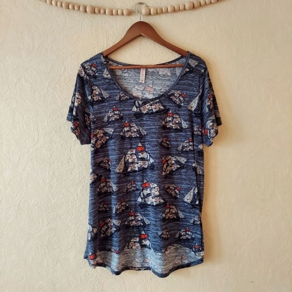 LuLaRoe kid's ship boat novelty print tee t-shirt short sleeve tunic blue Sz XL